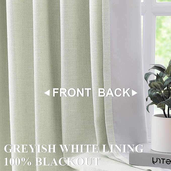 Vision Home Soft Green Pinch Pleated Full Blackout Curtains Linen Blended Room Darkening Curtain Panels 102 inch for Living Room Bedroom Thermal Insulated Pinch Pleat Drapes with Hooks 40" Wx102 Lx2