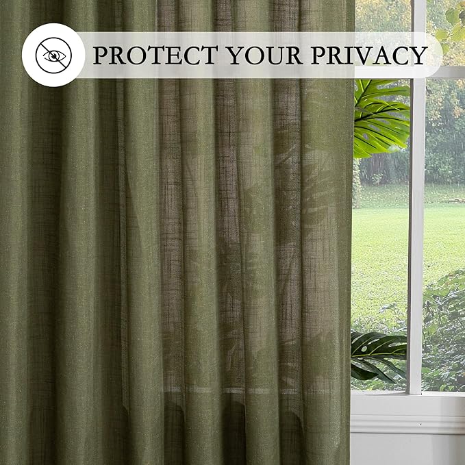 MYSKY HOME Short Semi Sheer Curtains for Bedroom 63 Inches Long Light Filtering Privacy Drapes for Small Window Linen Look Boho Home Decor Curtain for Parties, 50" x 63", Olive Green, 2 Pieces