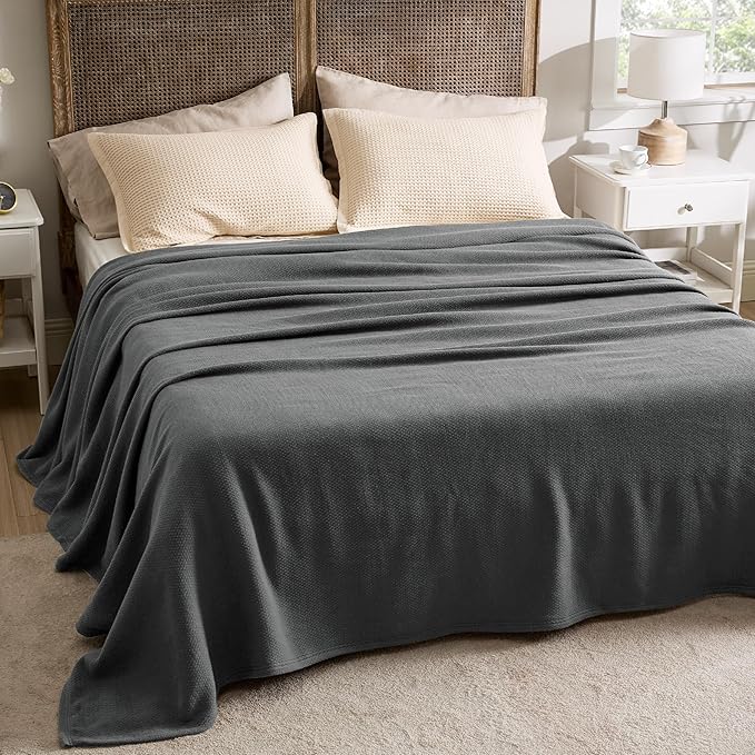 Bedsure GentleSoft 100% Cotton Blanket King Size for Bed - Breathable and Lightweight, Soft Cozy Textured Herringbone Woven Blanket for Summer, Dark Grey, 108x90 inches