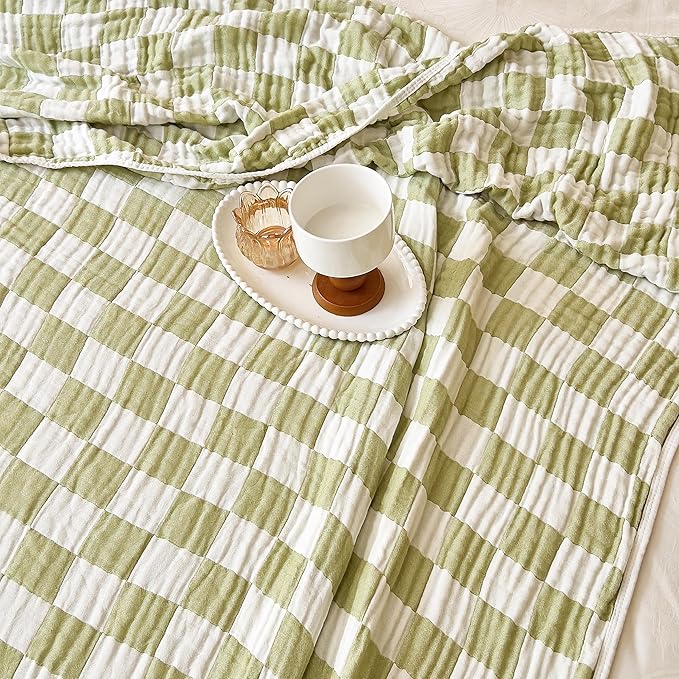 100% Cotton Muslin Blankets for Adults Queen Size 6-Layer Gauze Green Grid Cooling Blanket Lightweight Soft Breathable Decor Blanket for Sofa Couch Bed Coverlet Both Sides