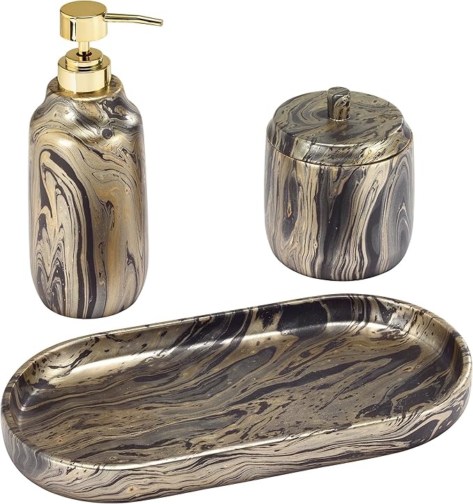 Nicole Miller - Bathroom Set, 3pc Countertop Accessories, Resin Lotion Pump/Soap Dispenser, Covered Jar, & Vanity Tray, Dorm Room Essentials (Harper Collection, Black/Gold)