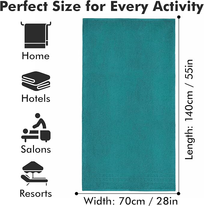 Bath Towels Set of 4 – 100% Cotton Teal Extra Large Towels for Bathroom, Spa Use (55x28 in) – Super Soft and Quick Dry Large Bath Sheets for Adults