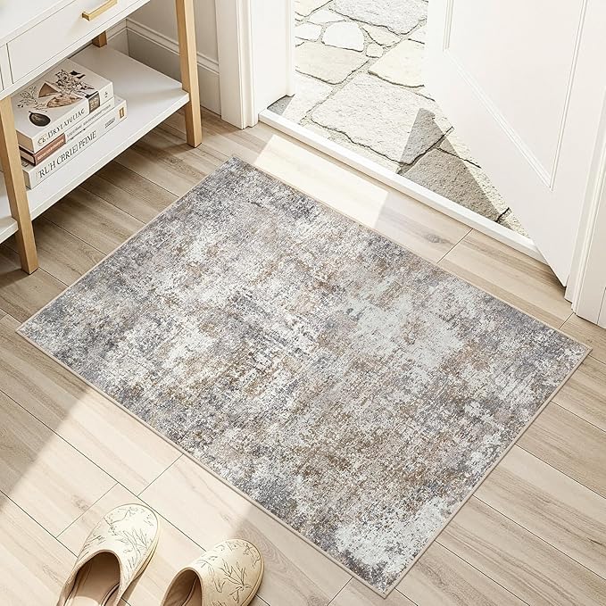 Area Rug Living Room Rugs - 2x3 Washable Soft Neutral Modern Abstract Low Pile Rug Carpet for Bedroom Dining Room Farmhouse Home Office - Brown/Grey/Black