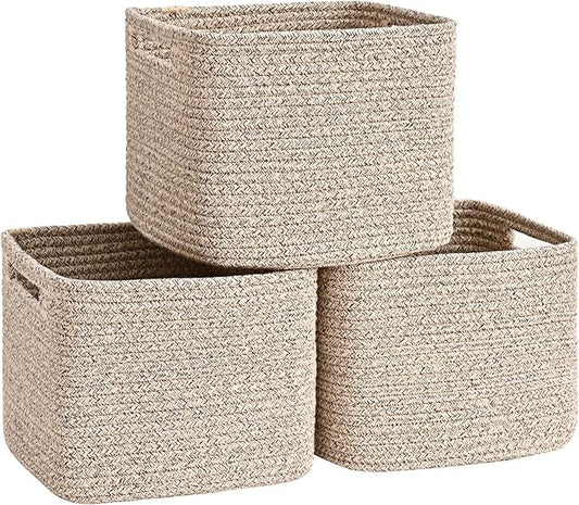 3 Pack Cube Storage Bin, 9”x9”x7” Cotton Rope Woven Baskets for Organizing Toys Clothes Towels, Square Gift Storage Baskets for Shelves, Nursery, Closet, Bathroom, Pantry (Jute)