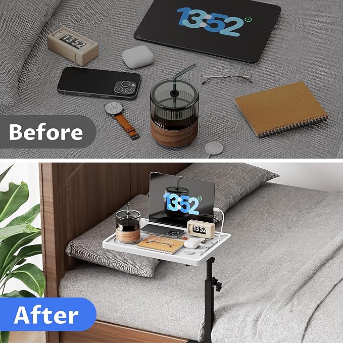 NiHome Height-Adjustable Bedside Shelf with Rotating Foldable Tray, Clip On Bed Side Tray Table, Overbed Table Fits Bed Frames 0.7"-2.7" Wide for Dorms, Apartments, Bedrooms, Dorm Essentials, White
