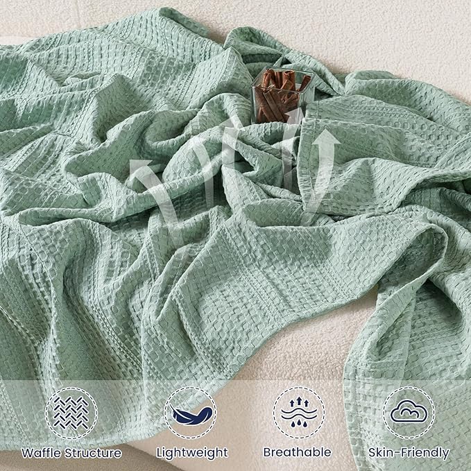 PHF Lightweight Waffle Weave Blanket Queen Size 90"x 90", Soft Woven Summer Blanket for Hot Sleepers - Aesthetic Home Decor for Couch Bed Sofa, Pet Friendly, Sage Green