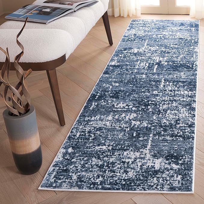 SAFAVIEH Amelia Collection Area Rug - 2'2" x 6' Runner, Ivory & Dark Blue, Modern Abstract Design, Non-Shedding & Easy Cleaning, Ideal for Living Room, Hallway, Foyer, Entryway, Bedroom (ALA700M)