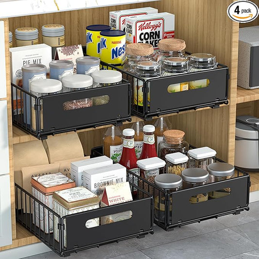 4 Pack Pull Out Cabinet Organizer, Pull out drawers for cabinets with EVA Adhesive Tape, Heavy Duty Sliding Kitchen Organizers and Storage, Suitable for Pantry, Bathroom, Bedroom