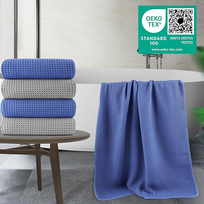 430 GSM Microfiber Oversize Quick Dry Lint Free Bath Towel, 60 x 30 in, 4 Pack (Waffle Weave)