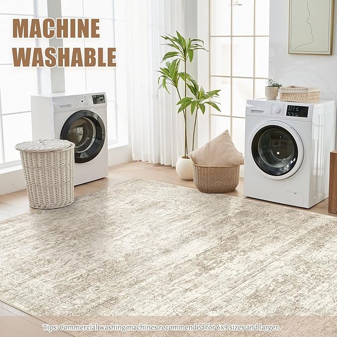 Area Rug Living Room Rugs - 10x14 Abstract Large Soft Indoor Washable Rug Neutral Modern Low Pile Carpet for Bedroom Dining Room Farmhouse Home Office - Vintage Beige