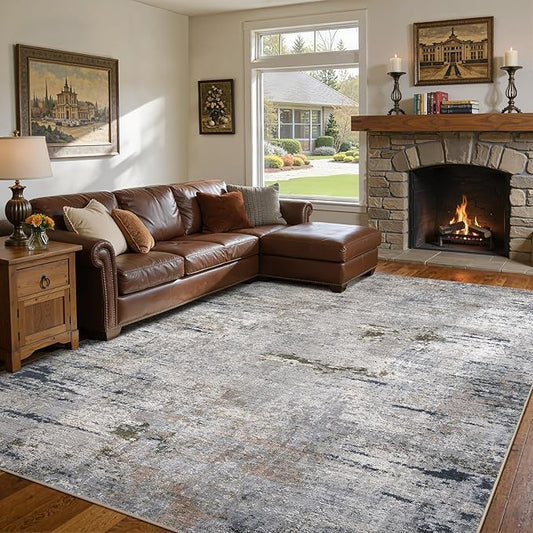 Area Rug Living Room Rugs - 7x9 Washable Large Soft Indoor Neutral Modern Abstract Low Pile Rug Carpet for Bedroom Dining Room Farmhouse Home Office - Blue/Grey/Brown