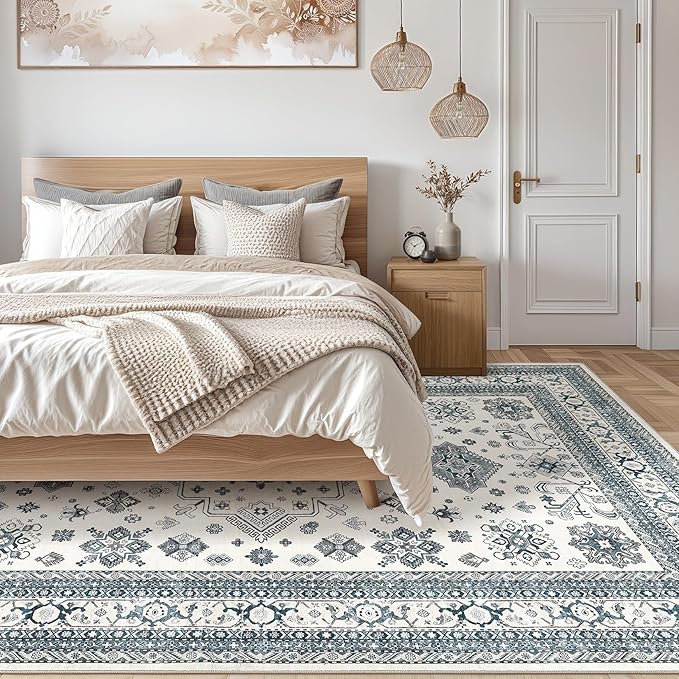 Vintage Living Room Area Rug 9x12 - Large Soft Washable Oriental Traditional Distressed Farmhouse Rugs for Bedroom - Indoor Floor Accent Carpet for Home Office House Decor - Powder Blue
