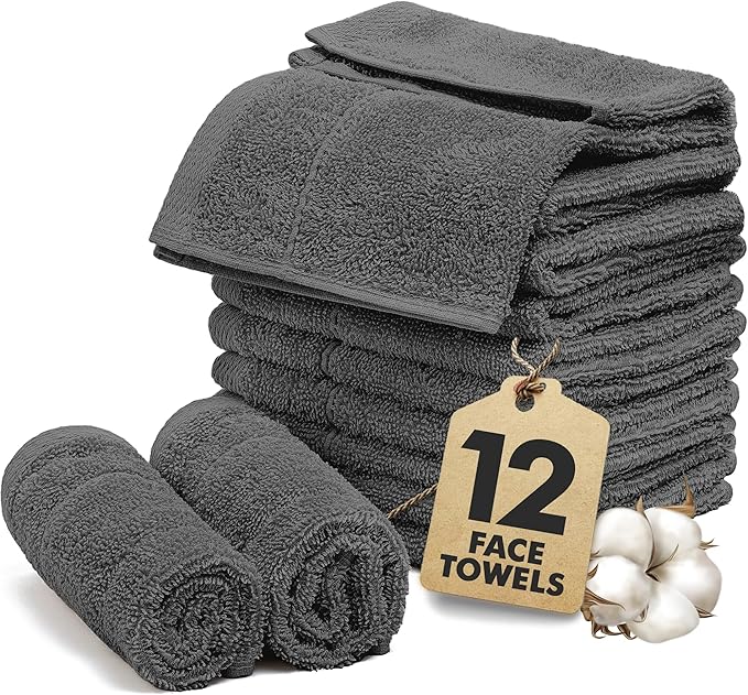 Face Towels Pack of 12 – 100% Cotton Wash Cloths (12x12 inch) – Soft, Quick Dry & Highly Absorbent Hand Towels for Bathroom, Spa, Gym, Kitchen and for Daily Use - (Dark Grey)