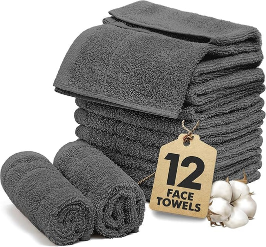 Face Towels Pack of 12 – 100% Cotton Wash Cloths (12x12 inch) – Soft, Quick Dry & Highly Absorbent Hand Towels for Bathroom, Spa, Gym, Kitchen and for Daily Use - (Dark Grey)