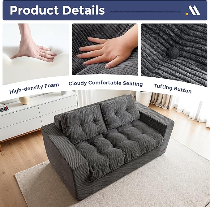 MAXYOYO Loveseat Sofa Couch, Upholstered Bean Bag Chair Cloud 2-Seat for Adults, Boneless Couch with Tufted Cushion & Pillows, Sofa in A Box, No Assembly Required, Dark Grey