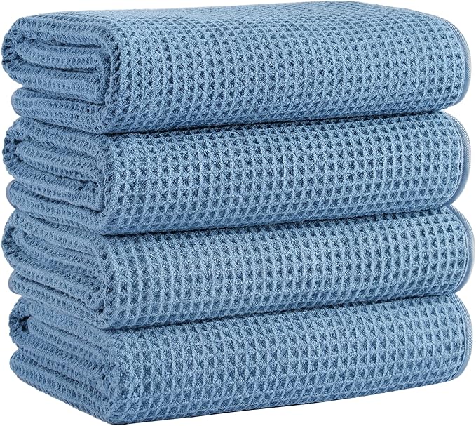 Microfiber Waffle Bath Towels, 4 Pieces, Soft, Absorbent, Fast Drying, Lint Free 430 GSM (Blue)