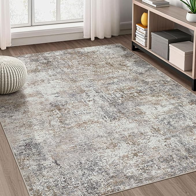 Area Rug Living Room Rugs - 5x8 Abstract Large Soft Indoor Washable Rug Neutral Modern Low Pile Carpet for Bedroom Dining Room Farmhouse Home Office - Brown/Grey/Black
