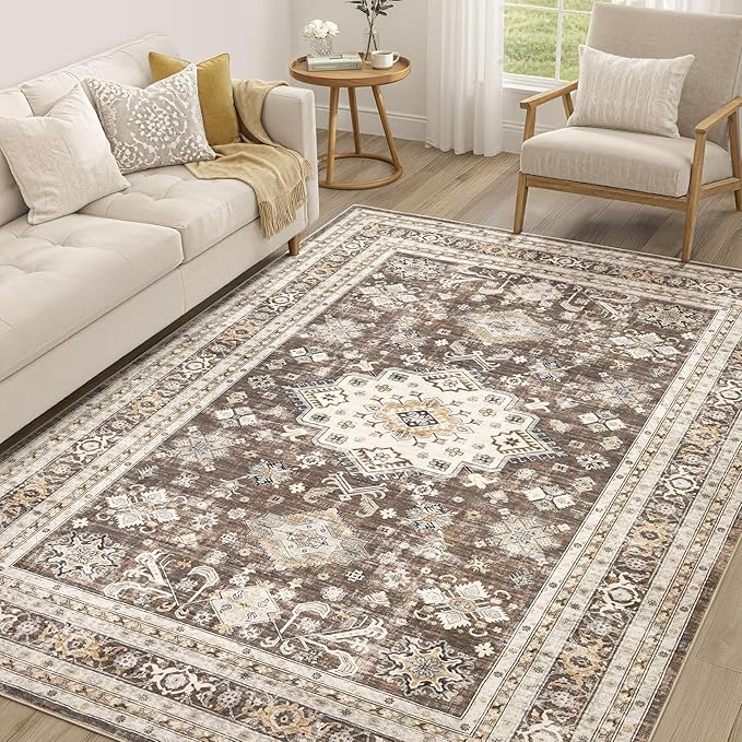 Vintage Living Room Area Rug 6x8 - Large Soft Washable Oriental Traditional Distressed Farmhouse Rugs for Bedroom - Indoor Floor Accent Carpet for Home Office House Decor - Dark Brown