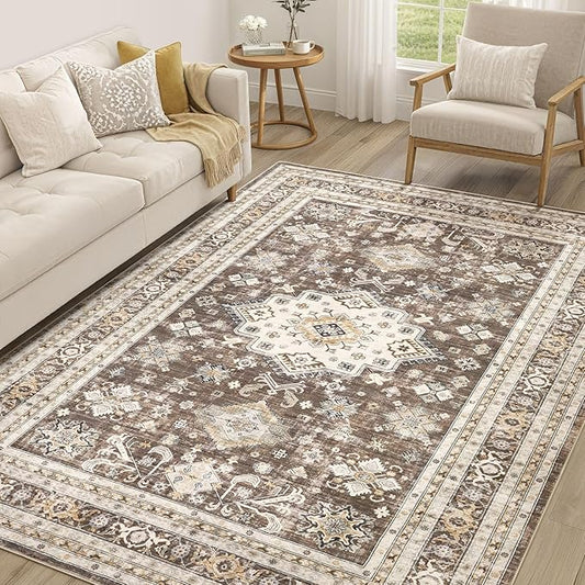 Vintage Living Room Area Rug 5x7 - Large Soft Washable Oriental Traditional Distressed Farmhouse Rugs for Bedroom - Indoor Floor Accent Carpet for Home Office House Decor - Dark Brown