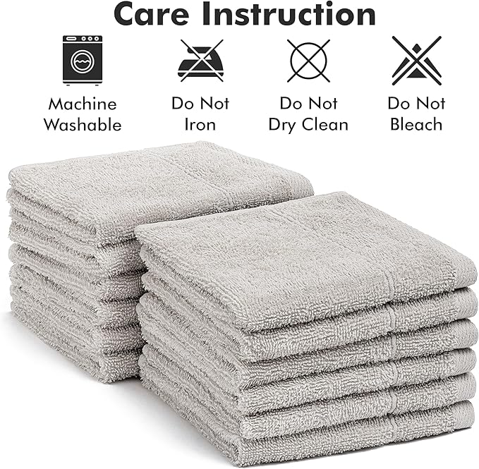 Face Towels Pack of 12 – 100% Cotton Wash Cloths (12x12 inch) – Soft, Quick Dry & Highly Absorbent Hand Towels for Bathroom, Spa, Gym, Kitchen and for Daily Use - (Light Grey)