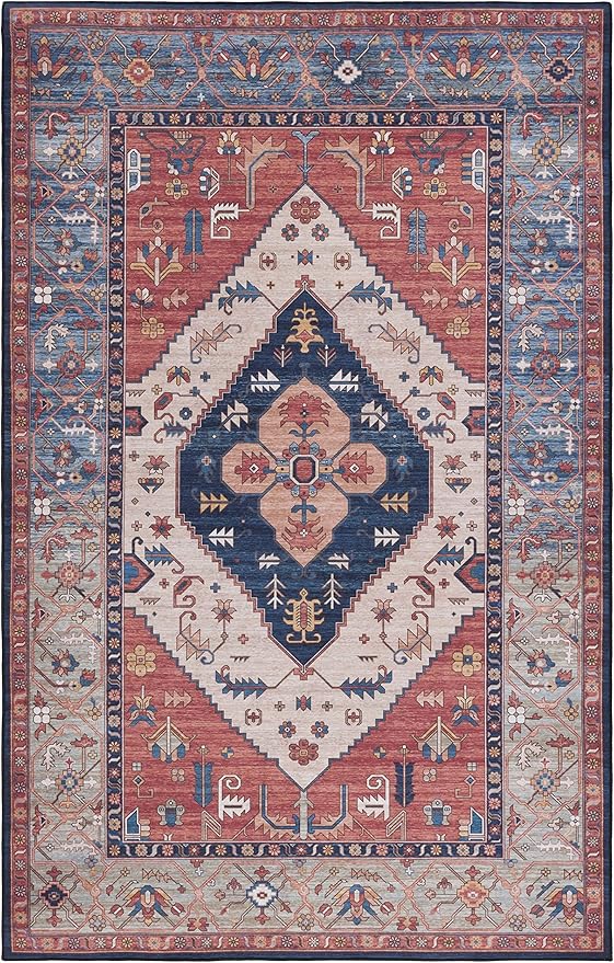 SAFAVIEH Washable Rug Tucson Collection - 4' x 6', Rust & Blue, Slip Resistant & Easy to Clean, Ideal for Foyer, Kitchen, Nursery, Office, Bedroom (TSN153P)