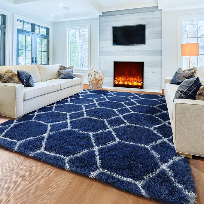 ONASAR 7x9 Area Rugs for Living Room Bedroom, Large Fluffy Navy Blue and White Throw Rug, Geometric Soft Plush Shaggy Indoor Floor Carpet for Nursery Kids Girls Boys Teen Dorm Home Decor Aesthetic