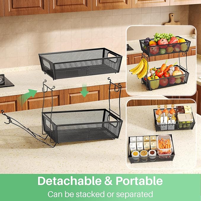 2 Tier Fruit Basket Bowl for Kitchen Counter with 2 Banana Hangers, Countertop Metal Mesh Basket Stand Fruit Holder for Veggies Onion Potato Bread Snack, 2 Pack