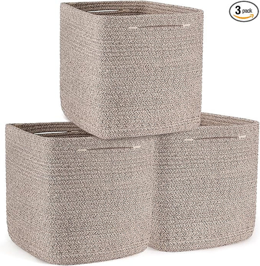 Storage Cubes 11 Inch Storage Baskets for Shelves, Set of 3 Cotton Rope Woven Baskets for Organizing, Cube Storage Square Bins for Toy, Playroom Decor, Classroom, Closet, Brown