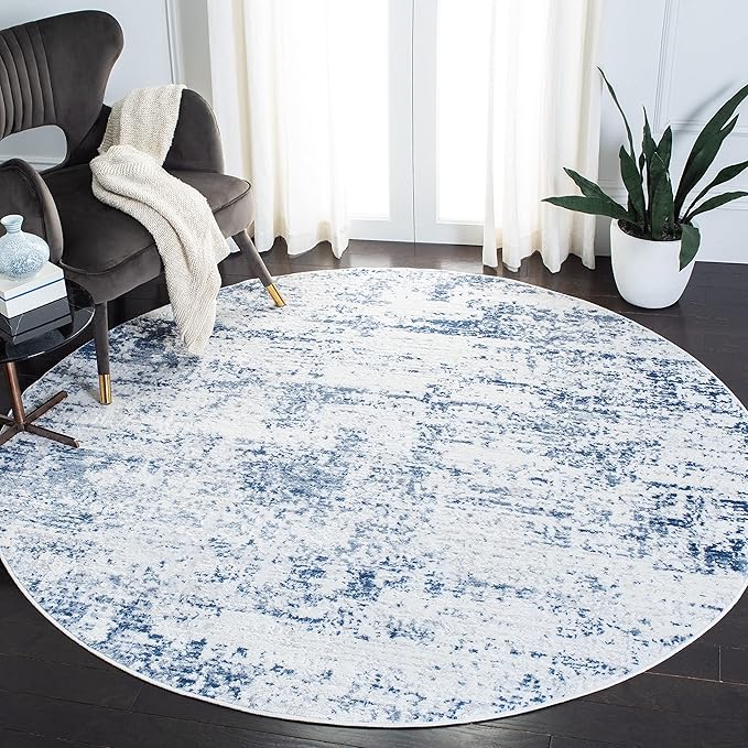 SAFAVIEH Amelia Collection Area Rug - 8' Round, Ivory & Navy, Modern Abstract Design, Non-Shedding & Easy Cleaning, Ideal for Living Room, Bedroom, Dining Space (ALA700B)