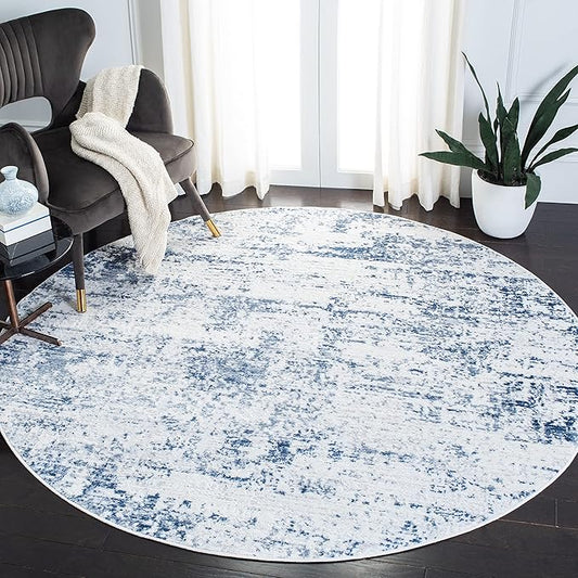 SAFAVIEH Amelia Collection Area Rug - 9' Round, Ivory & Navy, Modern Abstract Design, Non-Shedding & Easy Care, Ideal for High Traffic Areas in Living Room, Bedroom (ALA700B)