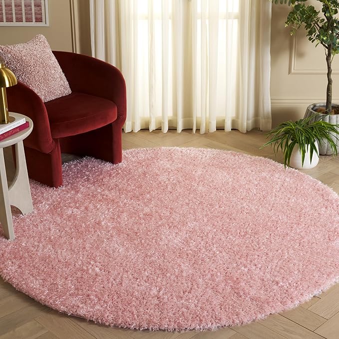 SAFAVIEH Lindsay Shag Collection Round Rug - 6'7" Round, Pink, Contemporary Design, Ideal for High Traffic Areas in Living Room, Bedroom & Dining Room (LNS560U-7R)