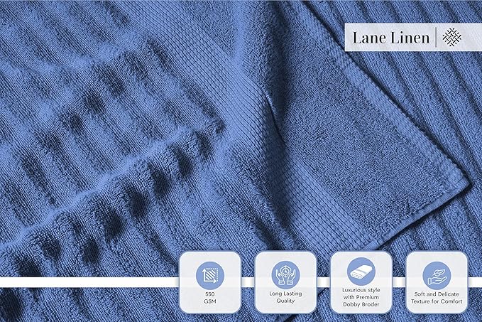 LANE LINEN 100% Cotton Bath Towel - 6 Piece Set - Hotel Grade Luxury Zero Twist Cotton - 2 Bath, 2 Washcloths, 2 Hand Towels for Bathroom - Super Soft, Quick Dry & Highly Absorbent - Cerulean Blue