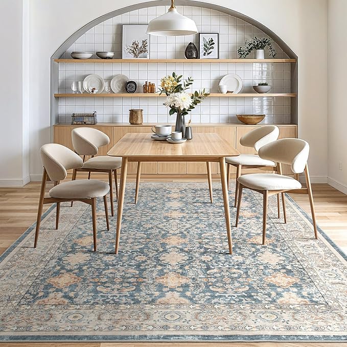 Vintage Living Room Area Rug 10x12 - Large Soft Washable Oriental Traditional Distressed Farmhouse Rugs for Bedroom - Indoor Floor Accent Carpet for Home Office House Decor - Dark Blue