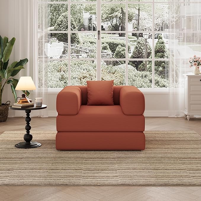 Folding Sofa Bed, 2 in 1 Convertible Sofas to Lounger Comfy Single Bean Bag Chair Floor Portable Foldable Sleeper Lazy Futon Couch Chair for Bedroom, Living Room(Orange, 35.43" Single Sofa)