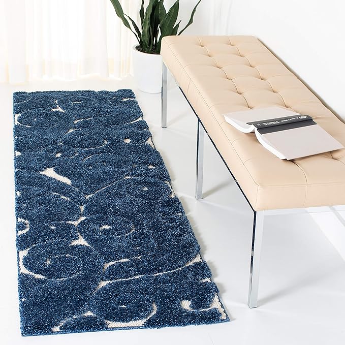 SAFAVIEH Florida Shag Collection Runner Rug - 2'3" x 11', Dark Blue & Cream, Scroll Design, Non-Shedding & Easy to Clean, High-Low Plush Pile, Ideal for Bedroom, Foyer, Hallway (SG455-6511)