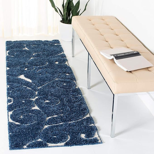 SAFAVIEH Florida Shag Collection Runner Rug - 2'3" x 13', Dark Blue & Cream, Scroll Design, Non-Shedding & Easy to Clean, High-Low Plush Pile, Ideal for Bedroom, Foyer, Hallway (SG455-6511)