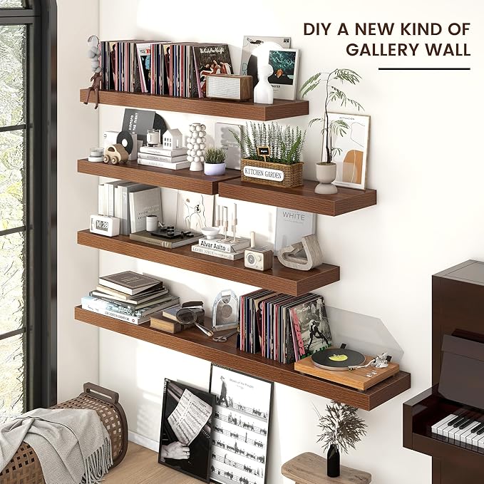 Floating Shelves for Wall, 36 Inch Wide x 12 Inch Deep Floating Shelves, Long Wood Floating Wall Shelf Shelves for Living Room Bathroom Bedroom Kitchen Home - (Walnut, 36" W x 12" D x 2" H)