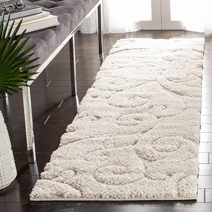 SAFAVIEH Florida Shag Collection Runner Rug - 2'3" x 17', Cream & Cream, Scroll Design, Non-Shedding & Easy to Clean, High-Low Plush Pile, Ideal for Bedroom, Foyer, Hallway (SG455-1111)