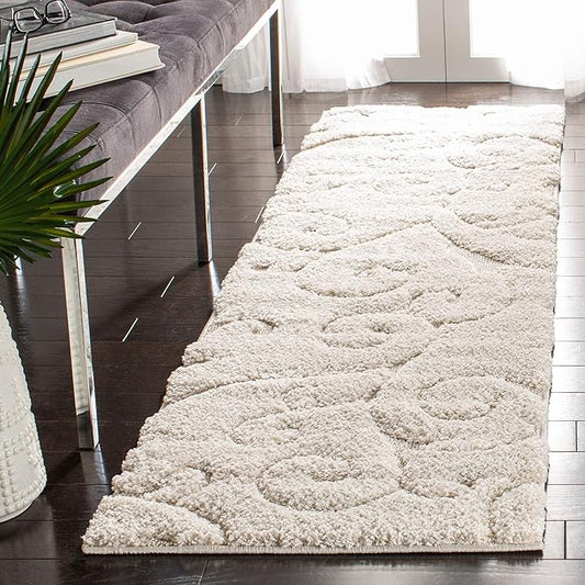 SAFAVIEH Florida Shag Collection Runner Rug - 2'3" x 17', Cream & Cream, Scroll Design, Non-Shedding & Easy to Clean, High-Low Plush Pile, Ideal for Bedroom, Foyer, Hallway (SG455-1111)