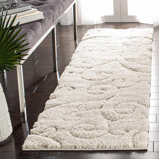 SAFAVIEH Florida Shag Collection Runner Rug - 2'3" x 11', Cream & Cream, Scroll Design, Non-Shedding & Easy to Clean, High-Low Plush Pile, Ideal for Bedroom, Foyer, Hallway (SG455-1111)