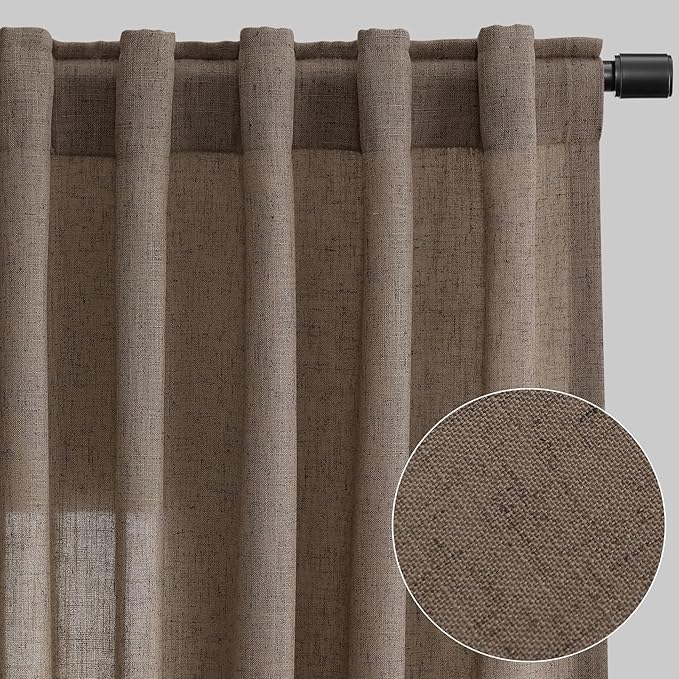 Joywell Light Brown Back Tab Rod Pocket Linen Curtains 102 Inches Long 2 Panels for Living Room Bedroom Neutral Boho Farmhouse Rustic Light Filtering Semi Sheer Curtains Window Treatment 52x102