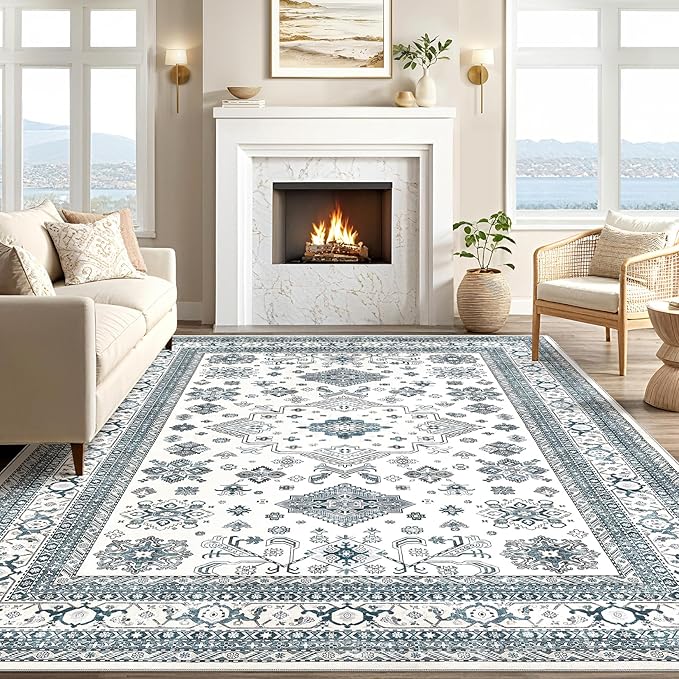 Vintage Living Room Area Rug 5x7 - Large Soft Washable Oriental Traditional Distressed Farmhouse Rugs for Bedroom - Indoor Floor Accent Carpet for Home Office House Decor - Powder Blue
