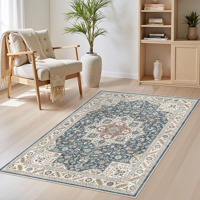 Vintage Living Room Area Rug 3x5 - Large Soft Washable Oriental Traditional Distressed Farmhouse Rugs for Bedroom - Indoor Floor Accent Carpet for Home Office House Decor - Blue