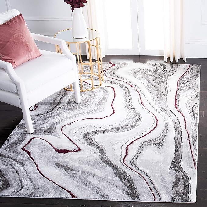 SAFAVIEH Craft Collection Area Rug - 6'7" x 9', Grey & Wine, Modern Abstract Marble Pattern Design, Non-Shedding & Easy Care, Ideal for High Traffic Areas in Living Room, Bedroom (CFT819S)