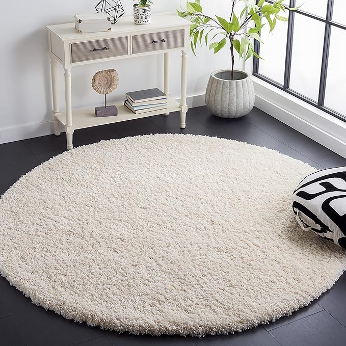 SAFAVIEH Santa Monica Shag Collection Accent Rug - 3' Round, Ivory, Non-Shedding & Easy Care, 2-inch Thick, Ideal for The Living Room, Dining Room, Bedroom (SGN725-1212-3R)