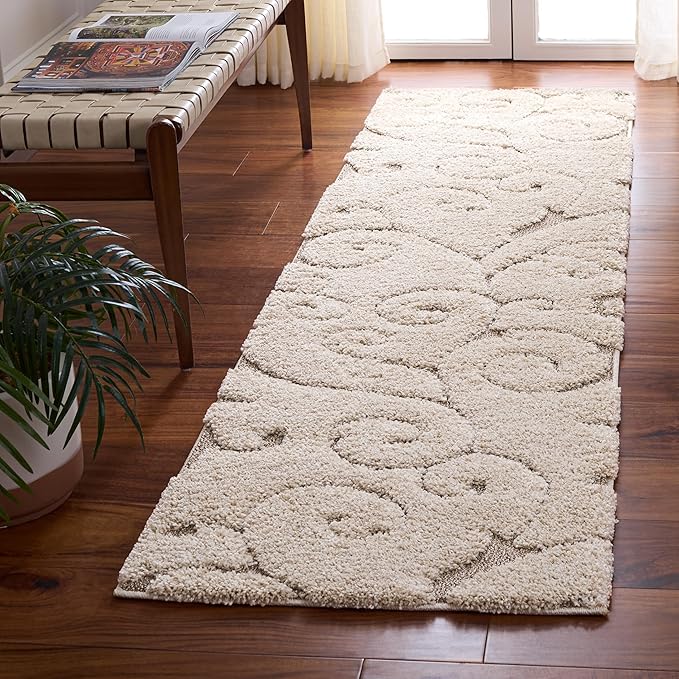 SAFAVIEH Florida Shag Collection Runner Rug - 2'3" x 8', Cream & Beige, Scroll Design, Non-Shedding & Easy to Clean, High-Low Plush Pile, Ideal for Bedroom, Foyer, Hallway (SG455-1113)