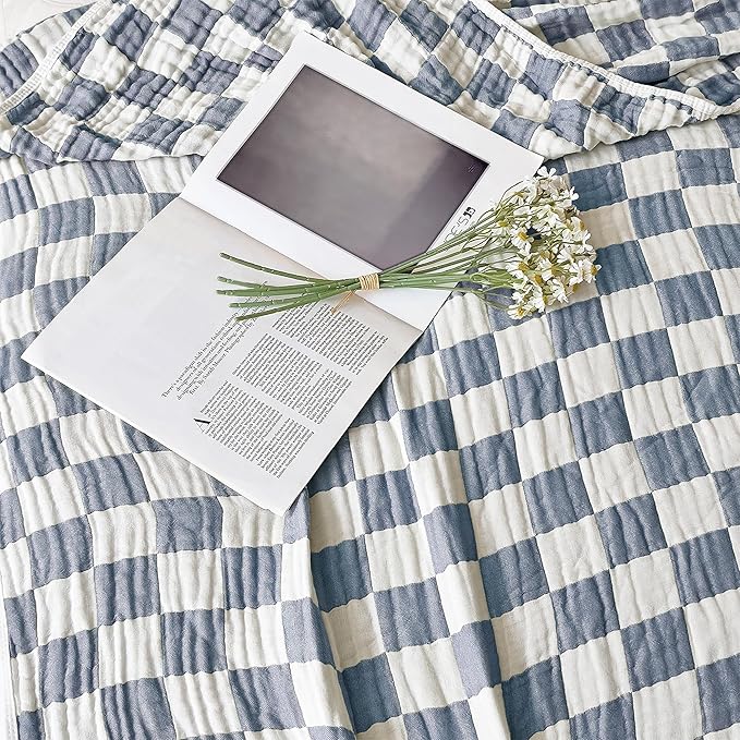 SANACYNA 100% Cotton Muslin Blanket 6-Layer Gauze Blue Checkerboard Blanket Lightweight Soft and Breathable Swaddle Blanket for Crib Couch Bed Keep Warm (Blue Checker, Baby 30"x40")