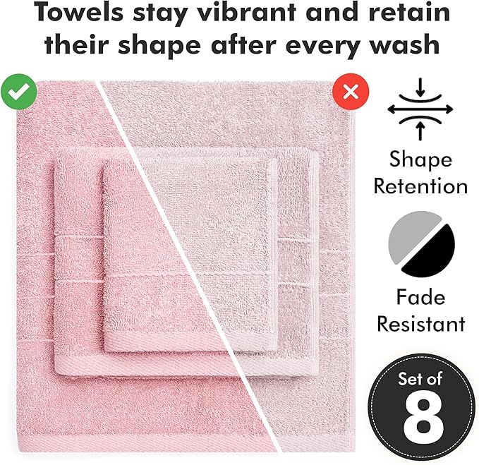 Bath Towels Set of 8 – 100% Cotton (Baby Pink) Bathroom Towel Set Bale Includes 2 Bath, 2 Hand, 4 Face Towels – Soft, Absorbent & Quick Dry Towel for Bathroom, Spa, Kitchen, Hotel Use