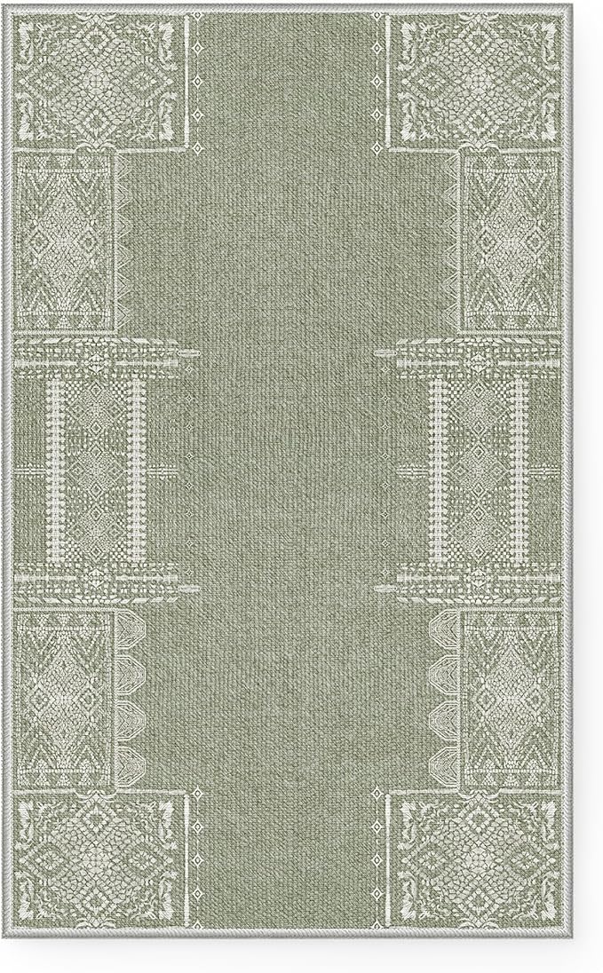 NICETOWN Green Area Rugs 8x10 Washable Nonslip Thin Vintage Rugs - Boho Entryway Oriental Medallion Living Room Carpet Entrance Mat Carpet for Kitchen Laundry Bathroom Bedroom, Sage Green