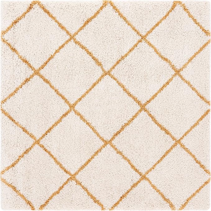 SAFAVIEH Hudson Shag Collection Area Rug - 7' Square, Ivory & Gold, Modern Trellis Design, Non-Shedding & Easy Care, 2-inch Thick Ideal for High Traffic Areas in Living Room, Bedroom (SGH281E)
